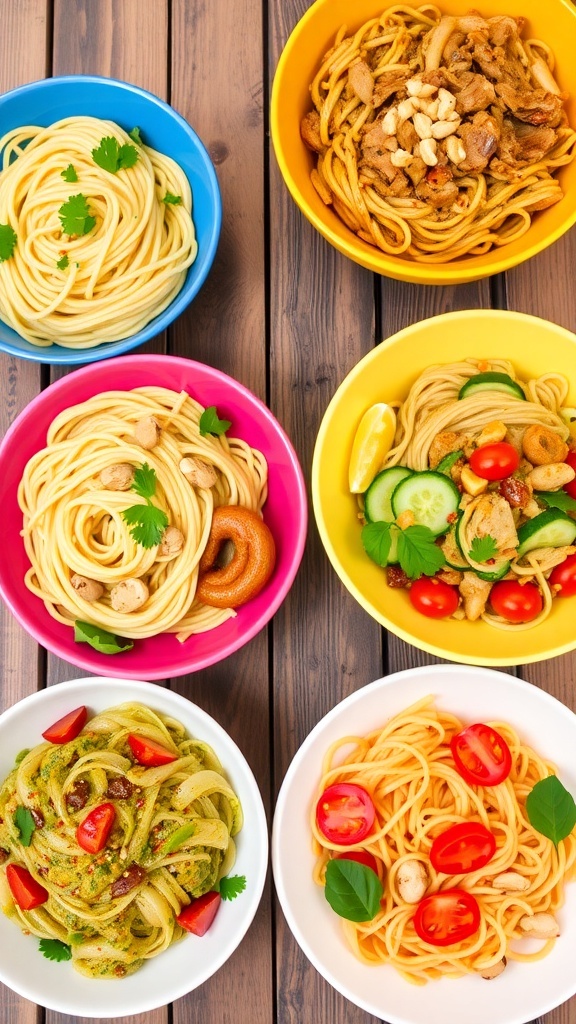 A collection of six noodle dishes including spaghetti, pad thai, stroganoff, udon stir-fry, pesto pasta salad, and soba salad.